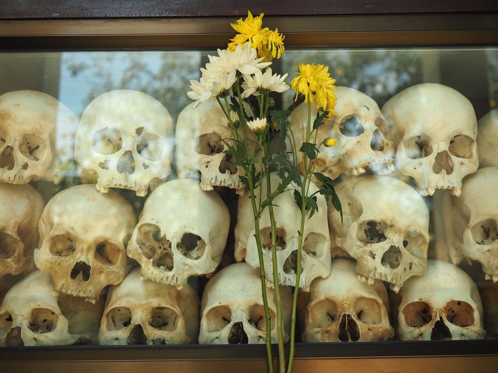 Skulls on display inside Memorial Pagoda