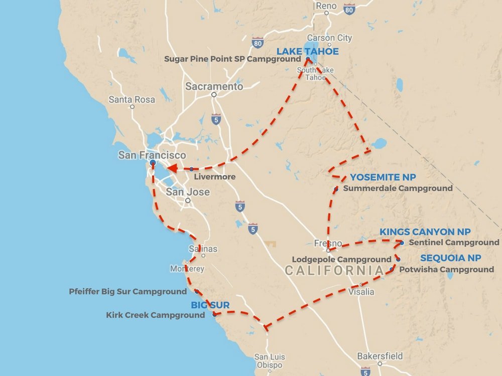 California Road Trip route
