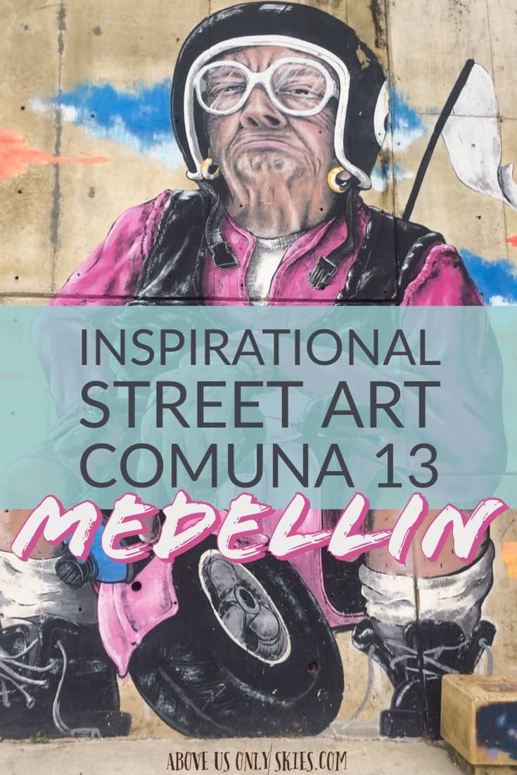 In the urban streets of Comuna 13, one of Medellin, Colombia’s most notorious neighbourhoods, you’ll find all kinds of awesome characters depicted through graffiti art. The inspiring messages they depict sum up Comuna 13’s chequered history and showcase some of the most talented street artists in Colombia. #streetart #grafitiart #comuna13 #colombia #pabloescobar