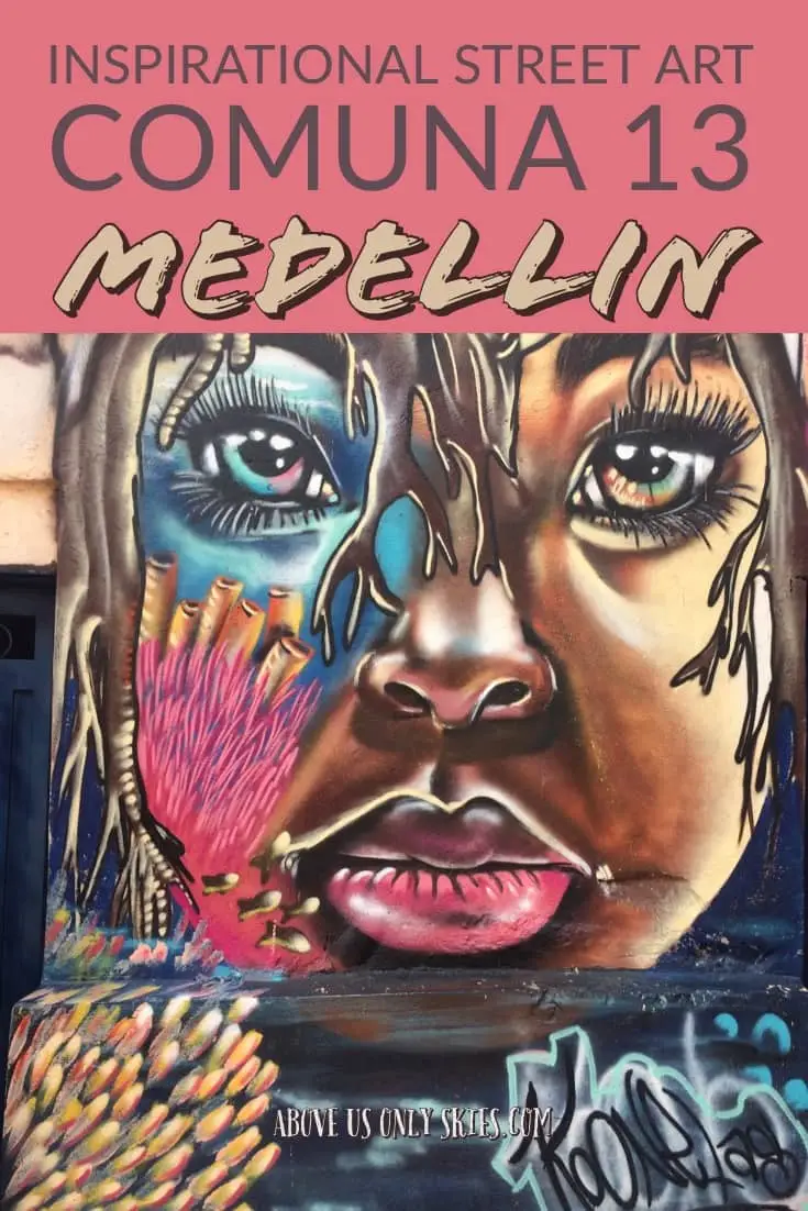 In the urban streets of Comuna 13, one of Medellin, Colombia’s most notorious neighbourhoods, you’ll find all kinds of awesome characters depicted through graffiti art. The inspiring messages they depict sum up Comuna 13’s chequered history and showcase some of the most talented street artists in Colombia. #streetart #grafitiart #comuna13 #colombia #pabloescobar