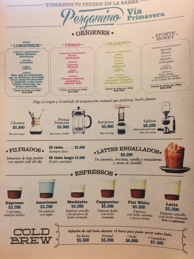 Medellin itinerary - Pergamino coffee menu