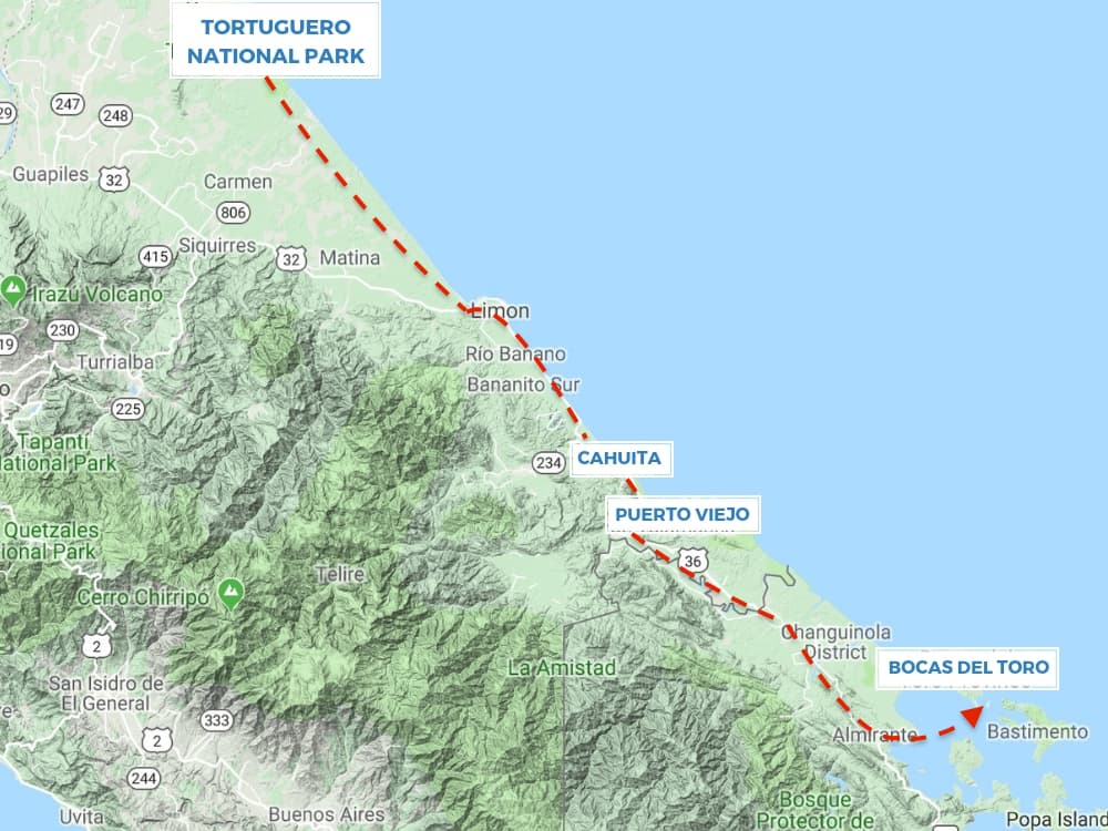 Route map - Costa Rica Caribbean Coast