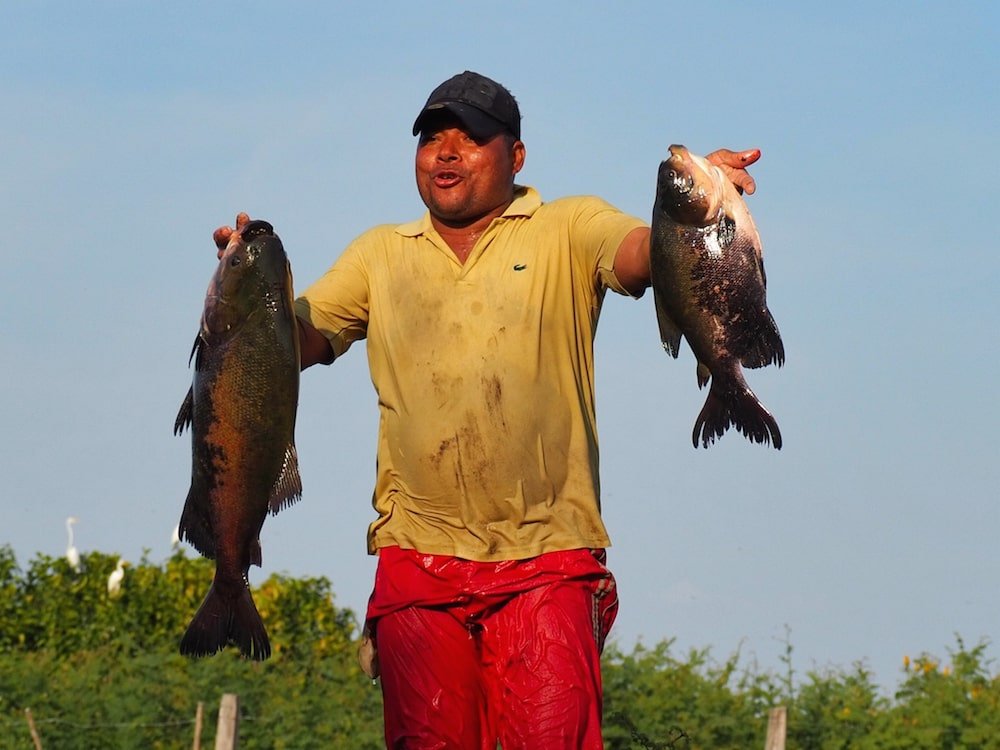 A fisherman shows of his catch of two fish