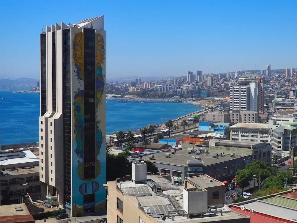 Panoramic view of coastline, including sunflower artwork 