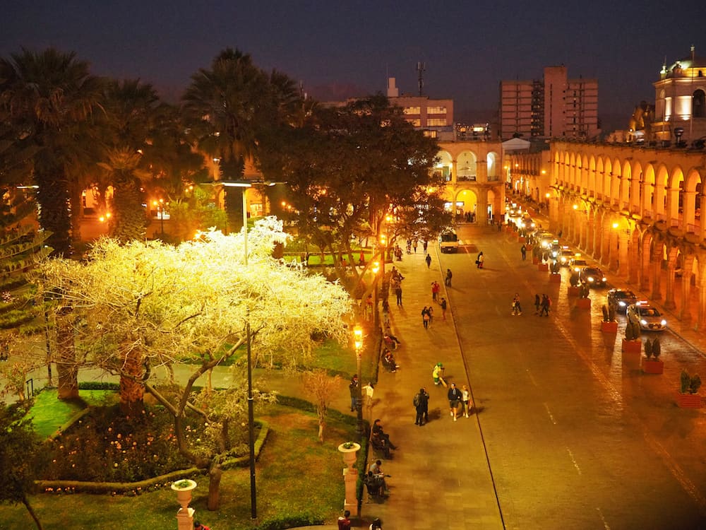 Arequipa's main plaza lit up at night
