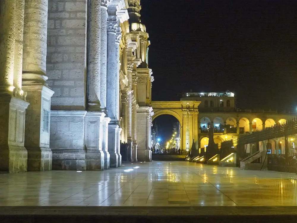 Arequipa's cathedral lit up at night