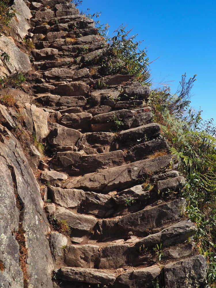 Very steep steps scale the side of Machu Picchu Mountain