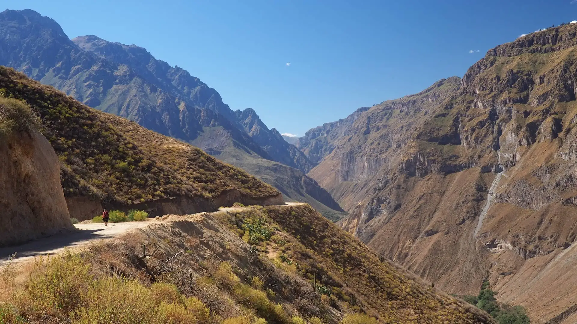 Mountains either side of a deep canyon with a footpath leading away to the left