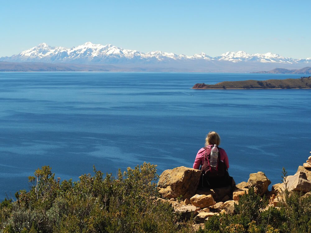 Nicky looks across Lake Titicaca to the Cordillera Real from Isla del Sol