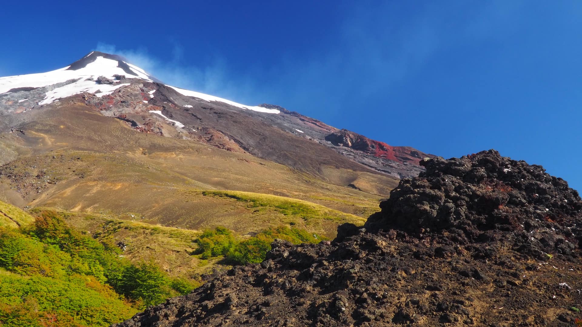 View of Volcan Villarica from the lava field