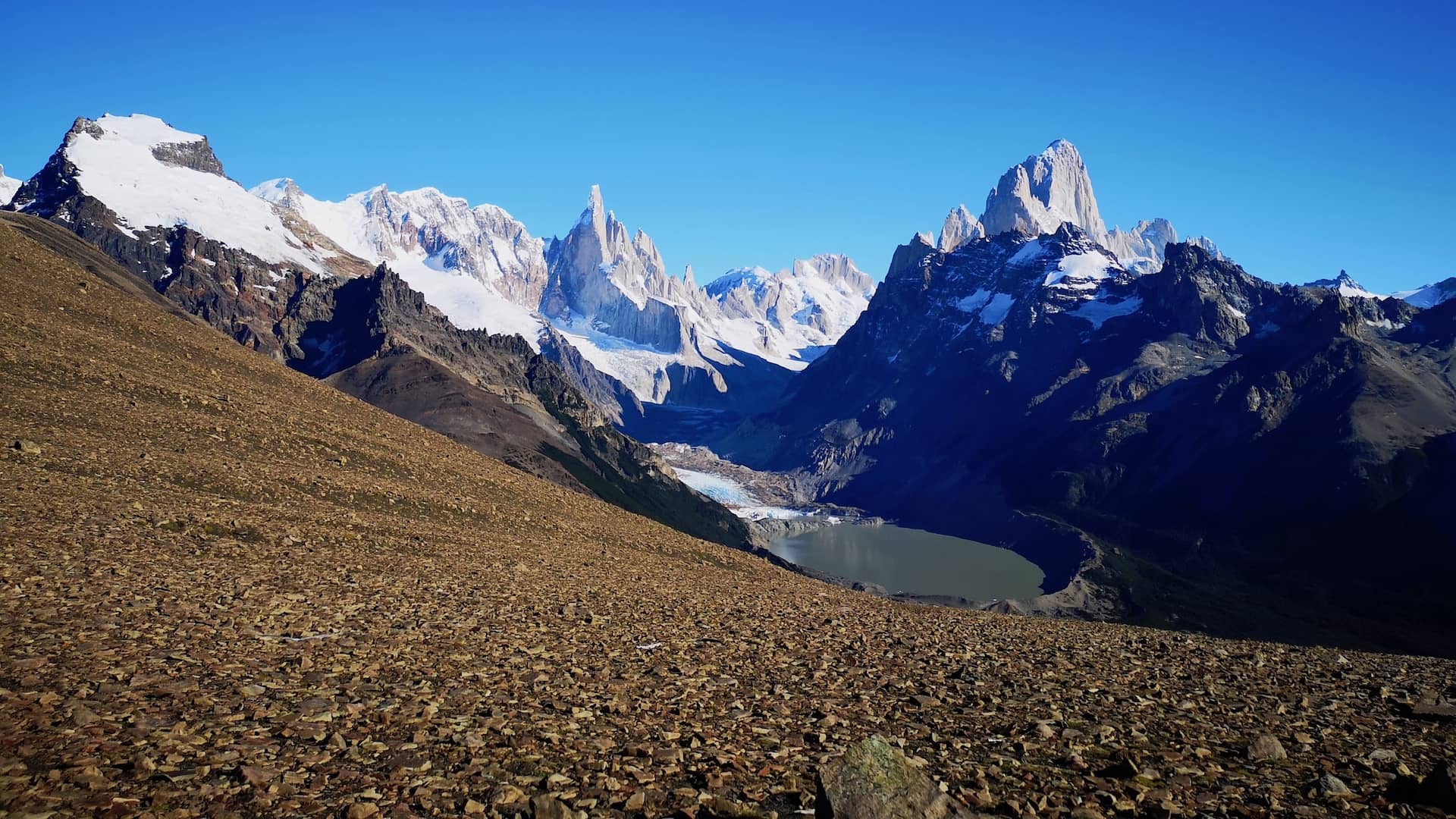 Panoramic view of both Cerro Torre and Mount Fitz Roy