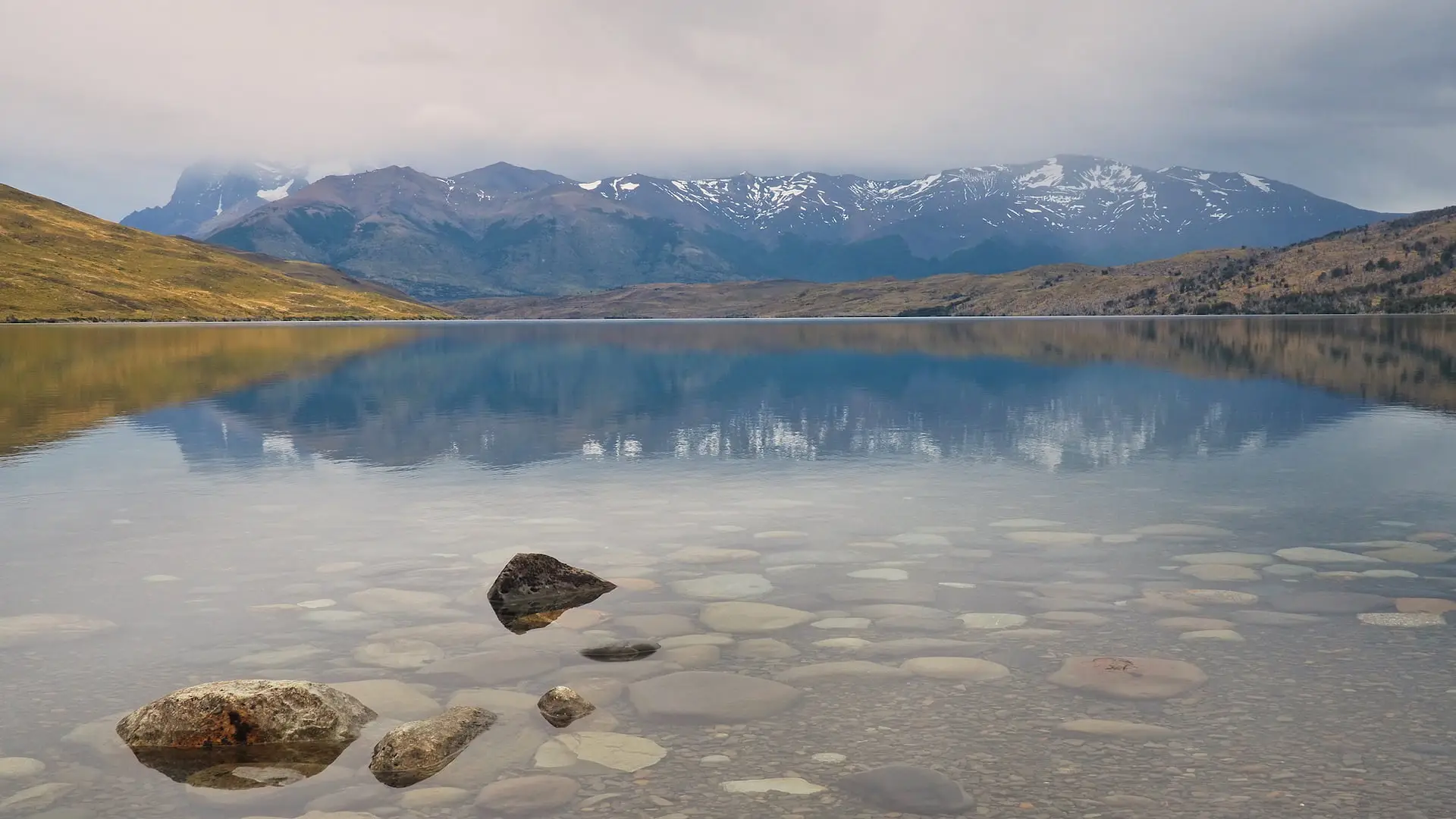 Laguna Azul with the Towers of Paine obscured by clouds