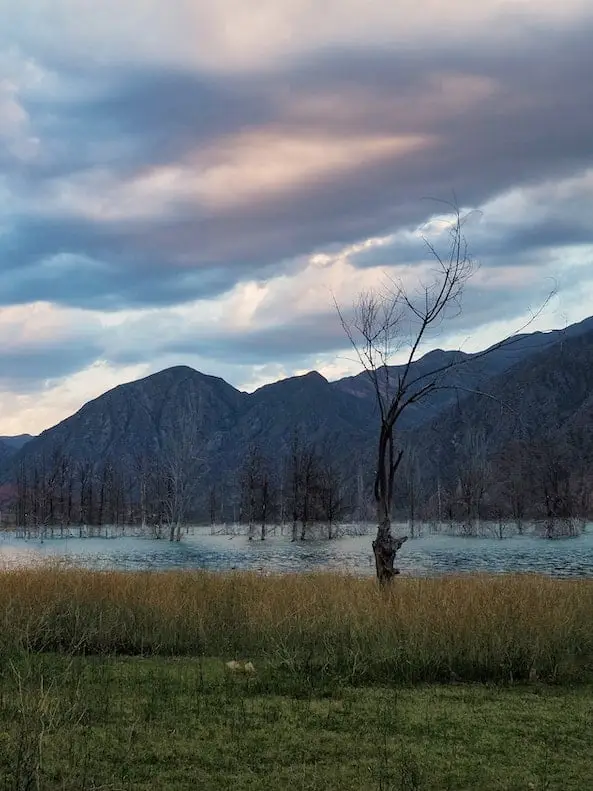 Storm clouds gather over a lake