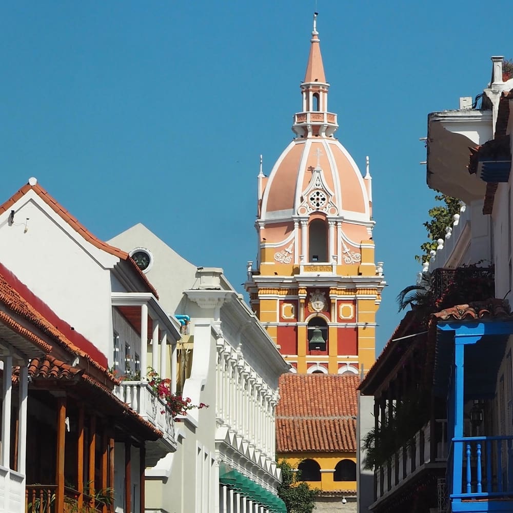 Colourful buildings and a church in Cartagena