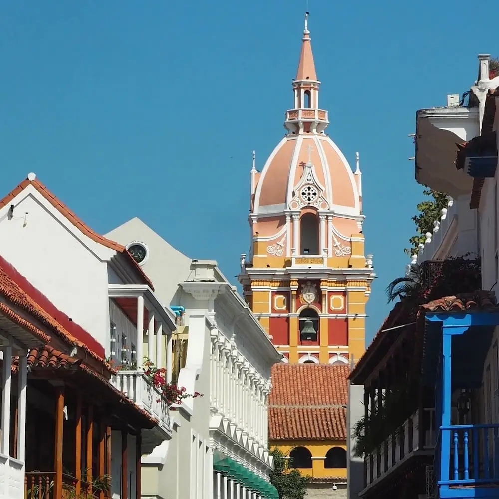 Colourful buildings and a church in Cartagena