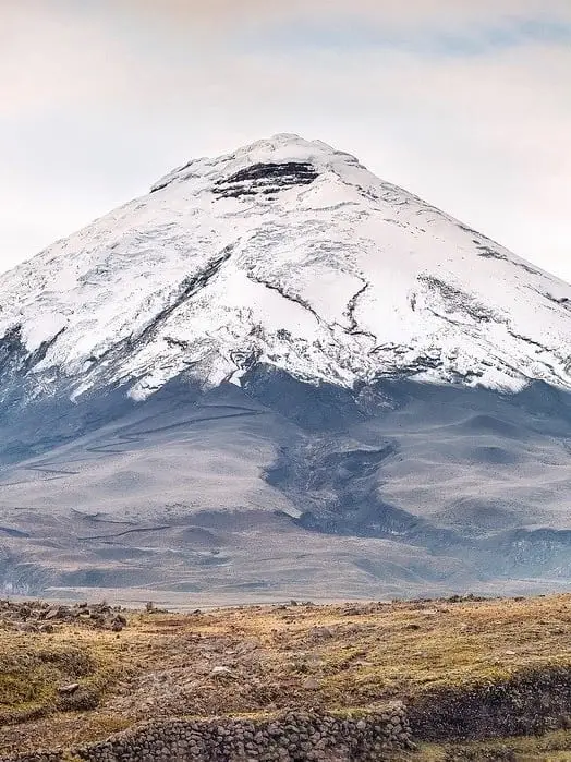 Conical-shaped volcano covered in snow