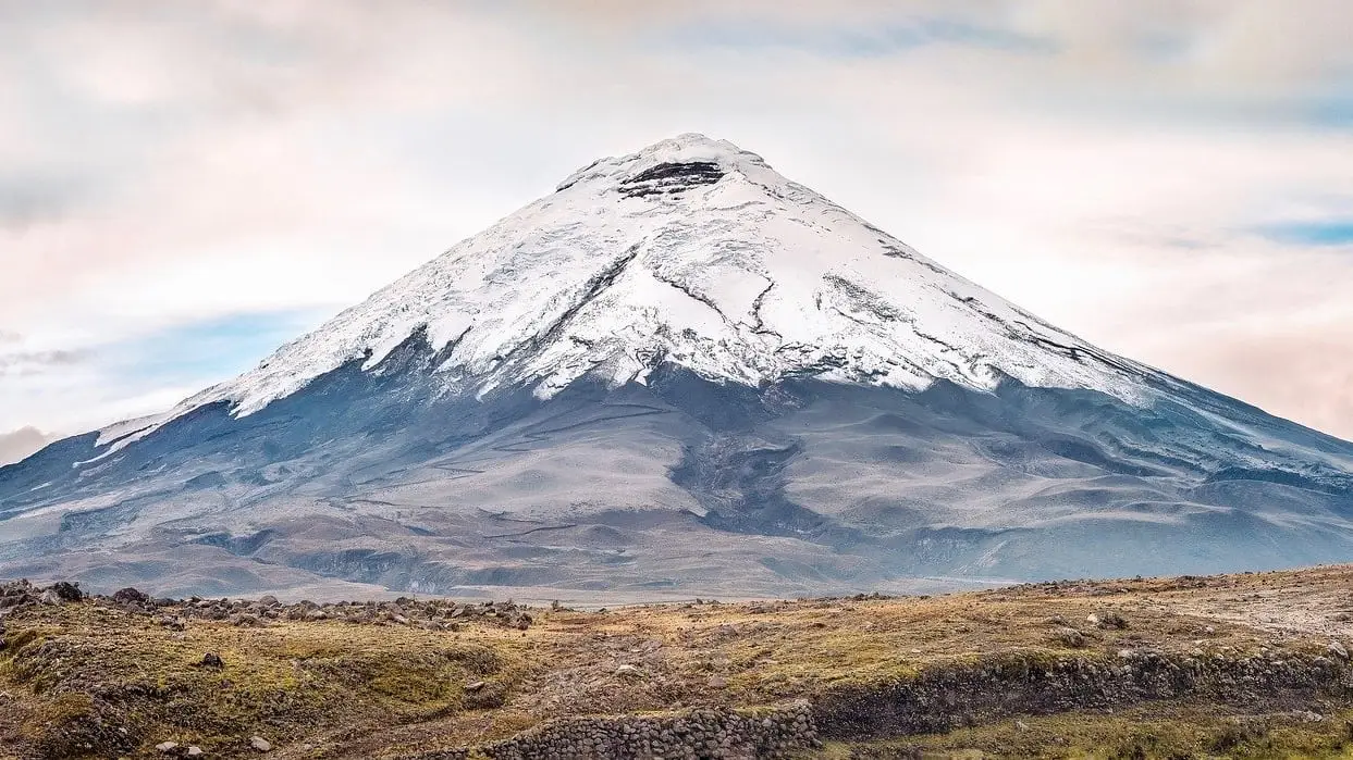 Conical-shaped volcano covered in snow