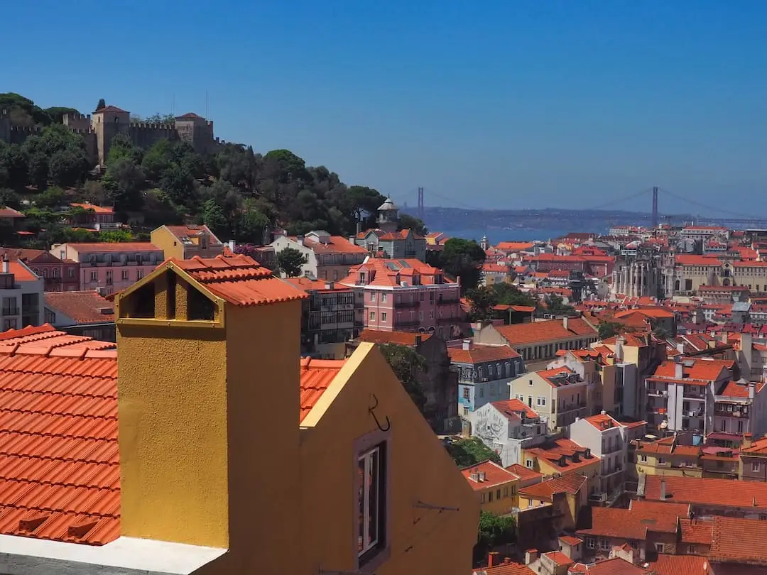 A view over red rooftops towards the sea, with a castle to the left and suspension  bridge to the right