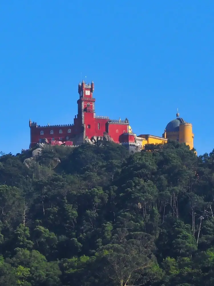 Forest-covered cliff with a red/yellow painted building on top
