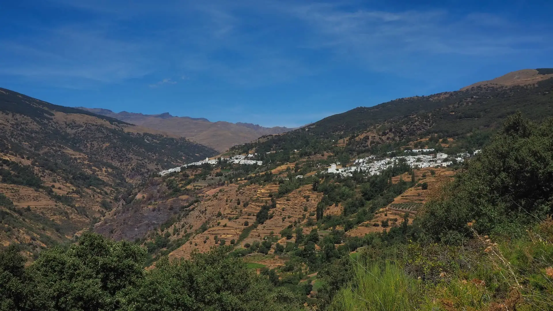 Two white villages on a green hillside