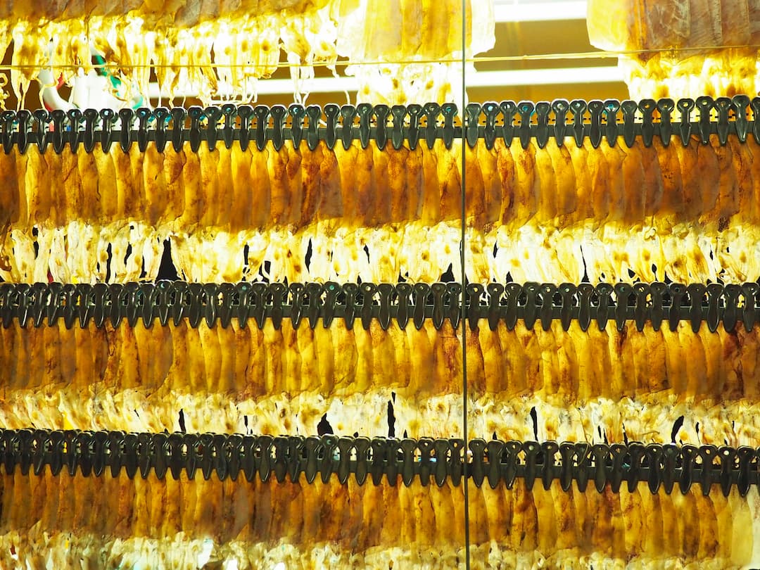 Rows of dried squid hanging on a mobile vending cart