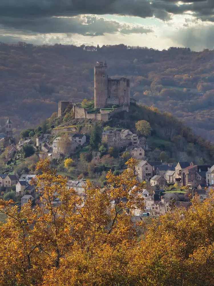A row of houses lead to a castle on a hill, surrounded by countryside