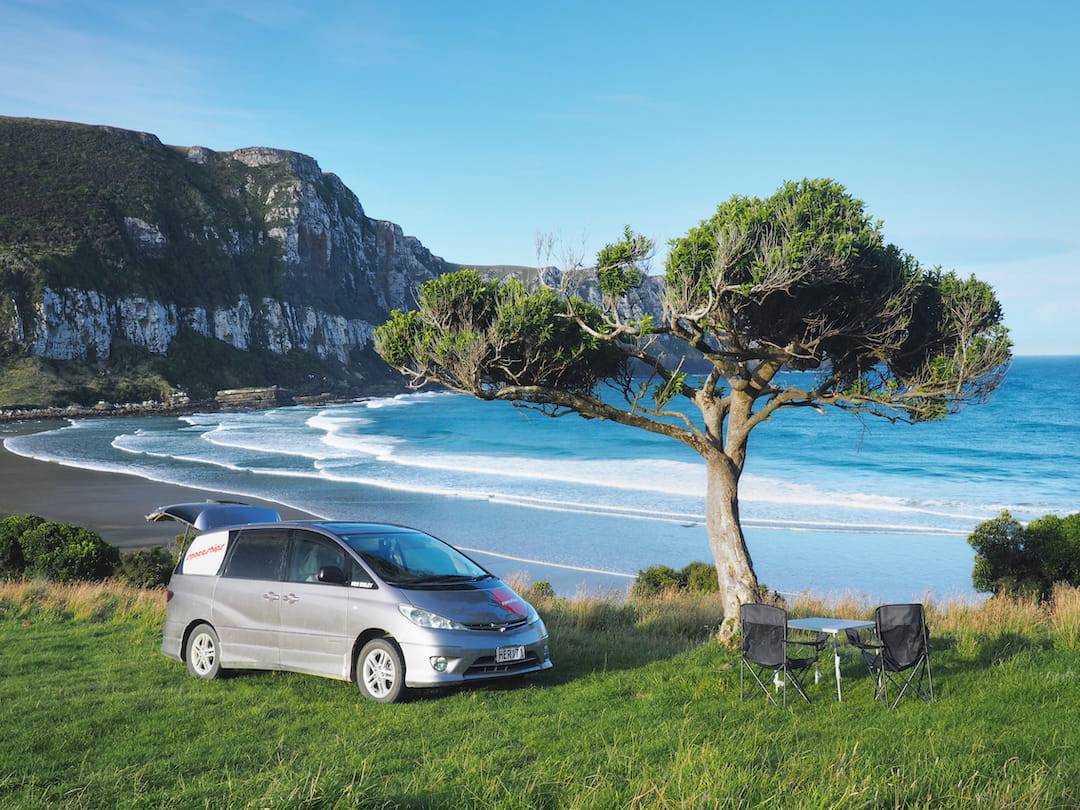 A car is parked next to a lone tree on a green hillside overlooking a beach
