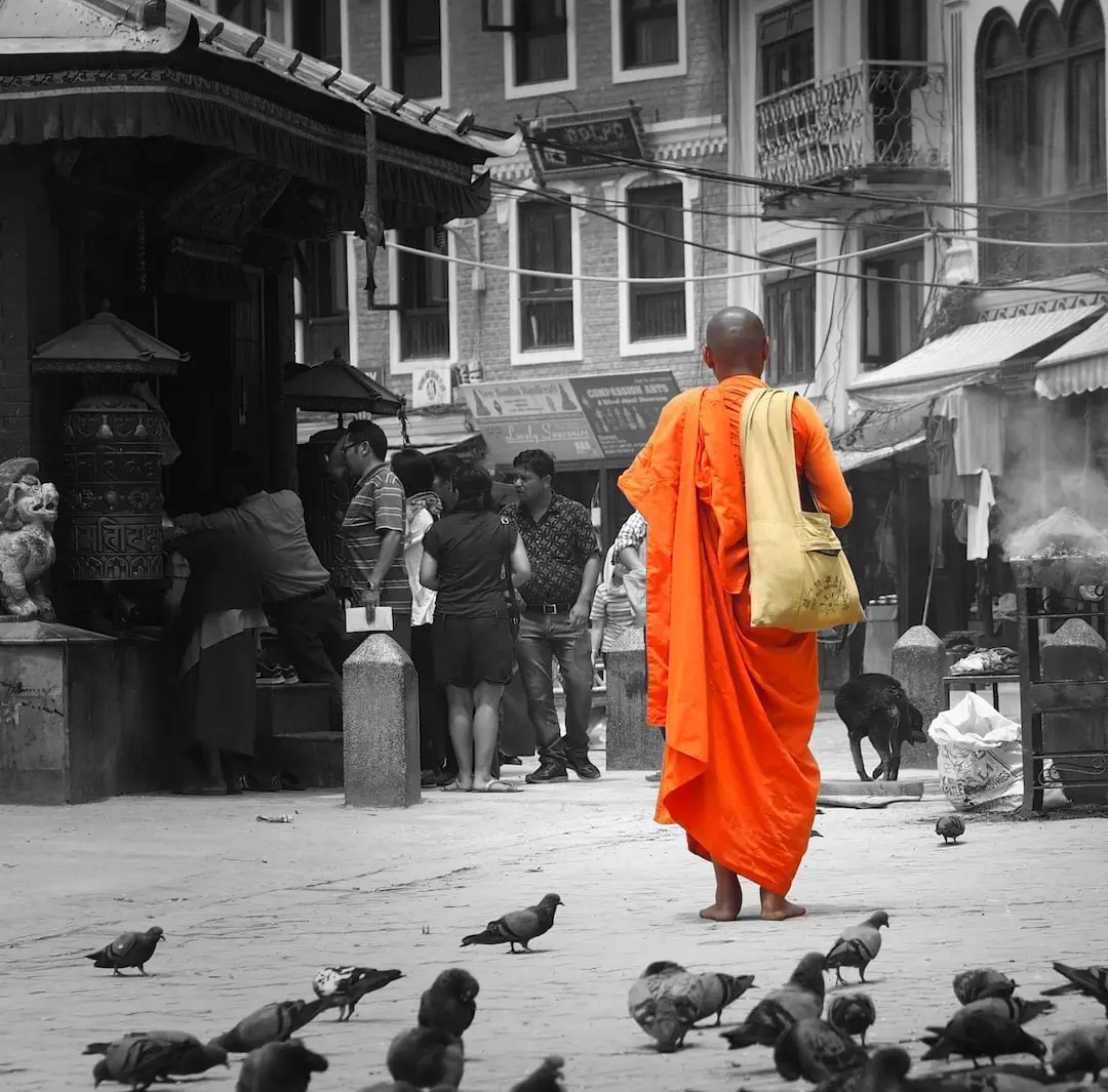 Among in orange robes stands beside Boudha Stupa
