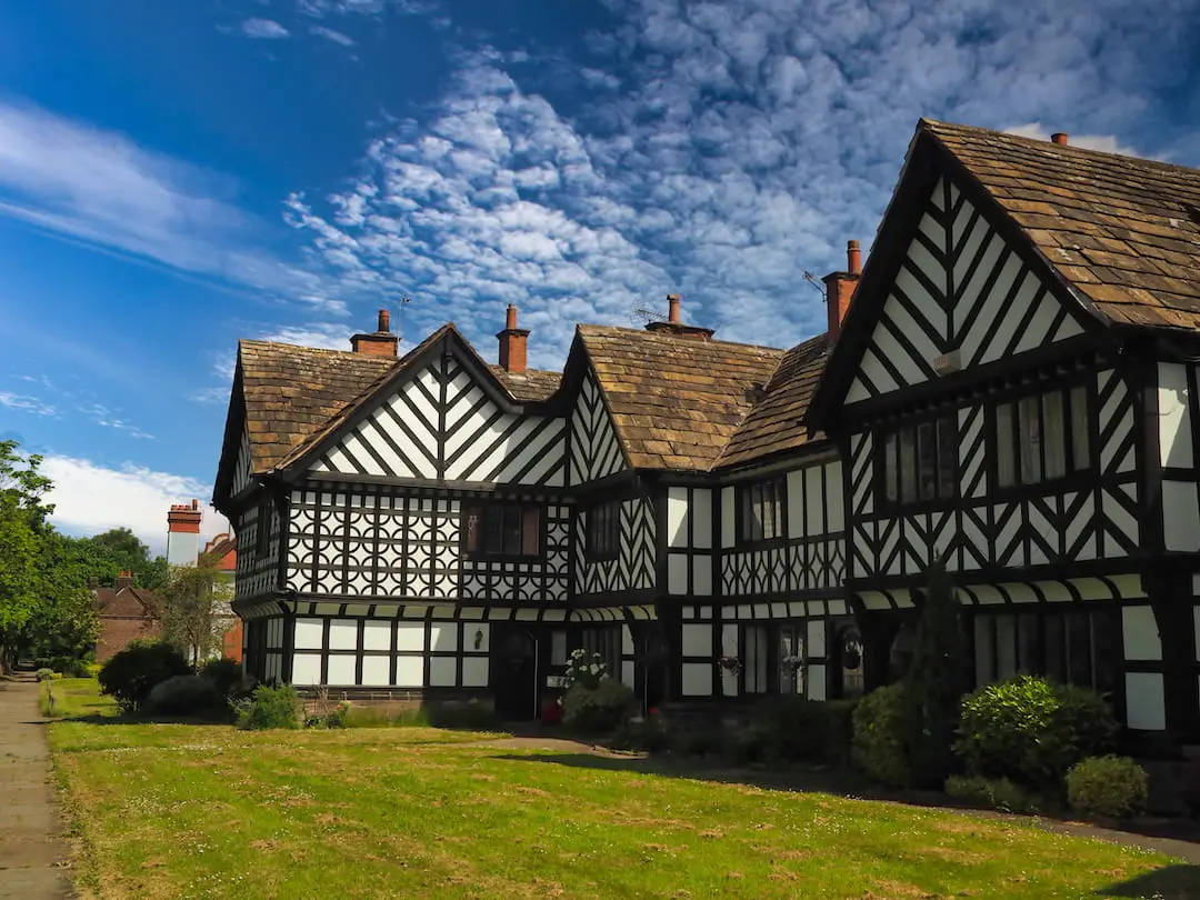 Row of houses with black and white wooden timber on the facias