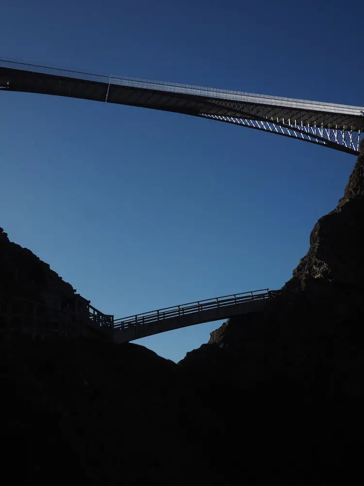 Tintagel island bridge... Silhouette of a bridge viewed from below