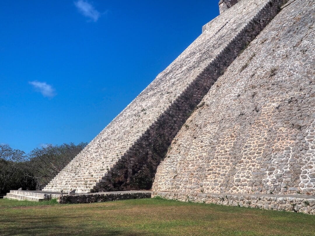 Steps lead down from a Mayan pyramid at Uxmal