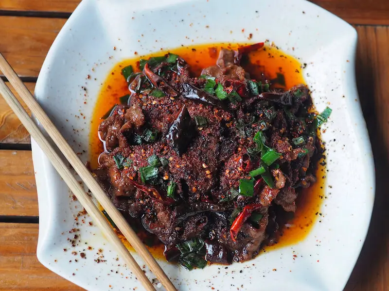 Duck and aubergine in chilli sauce