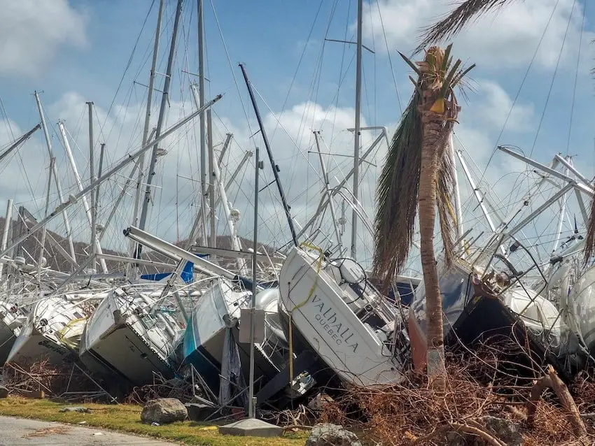Hurricane Irma 2017 - BVI Aftermath A row of sailing boats which have all been blown on to their sides