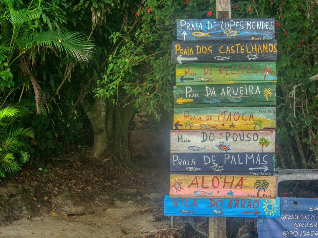 Multi-coloured signpost for various Ilha Grande beaches and trails