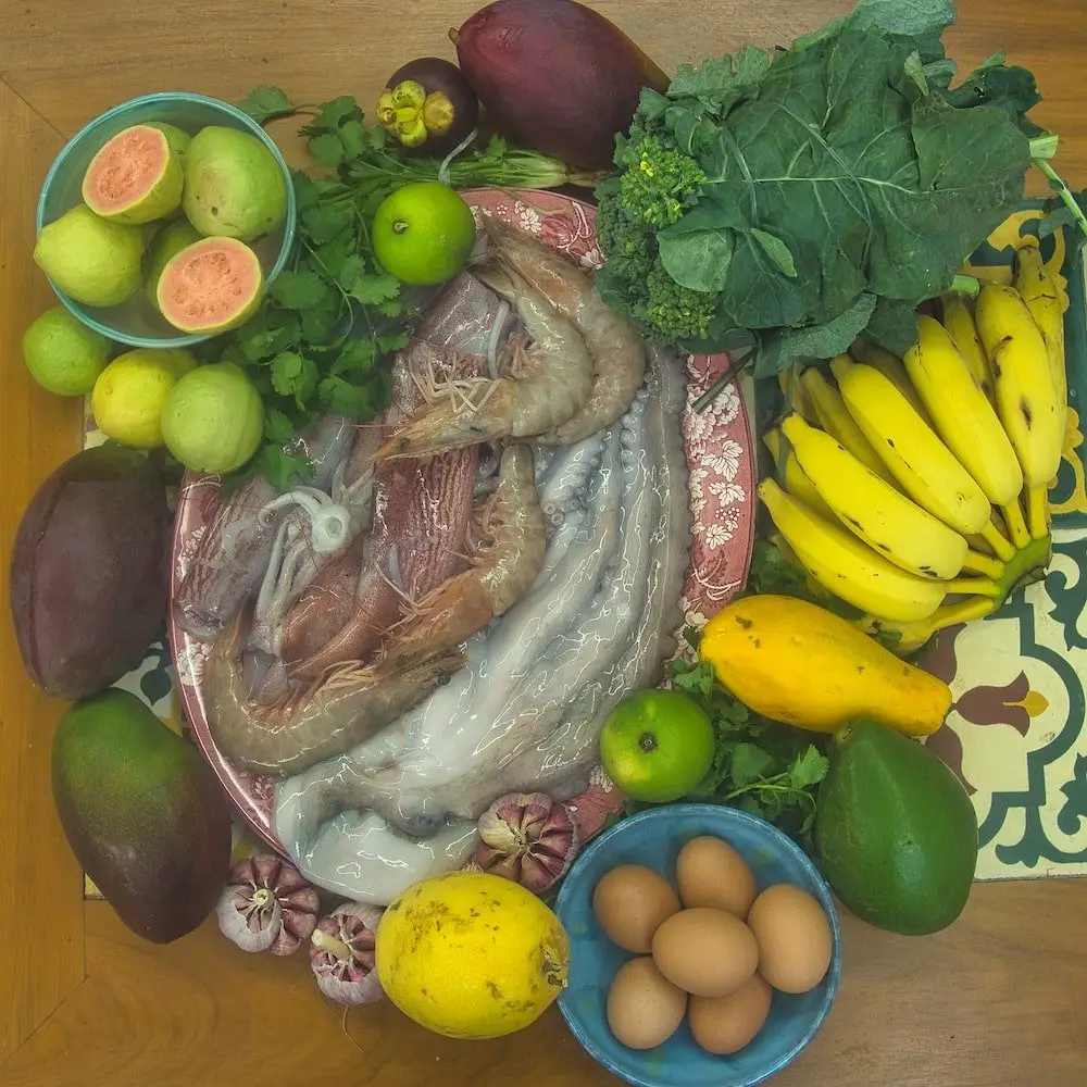A typical haul from our weekly market shop - Niteroi - Brazil Fruit, vegetables and seafood