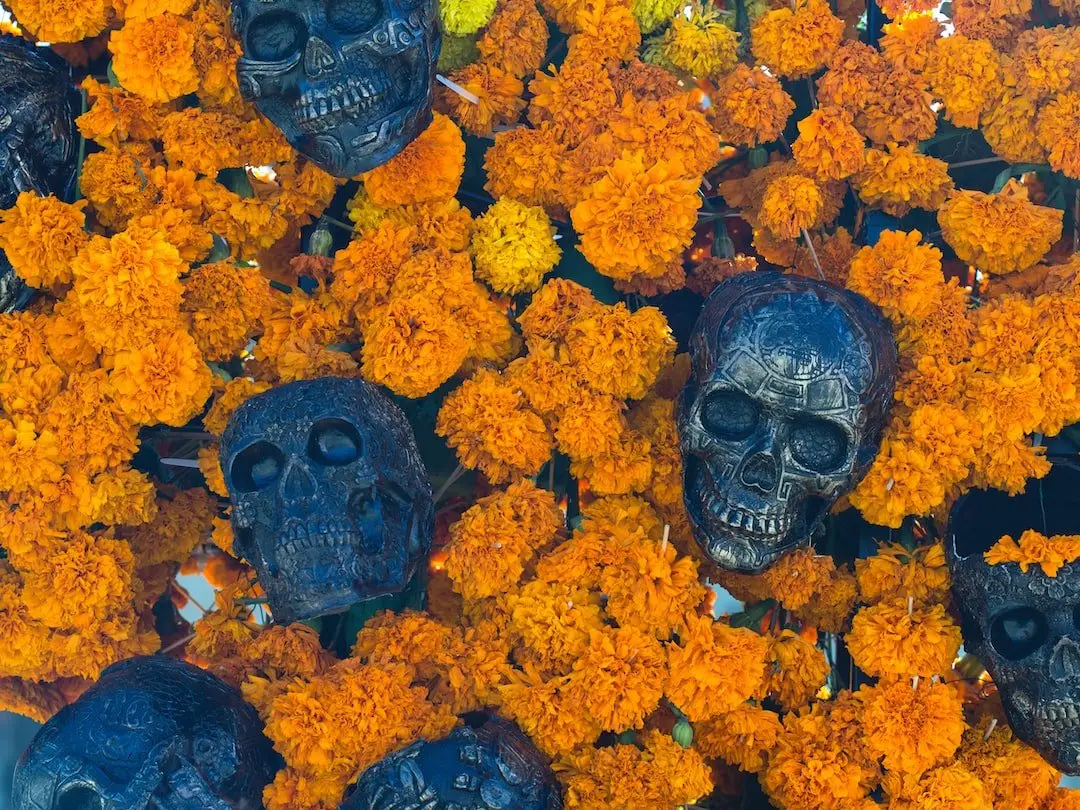 Day of the Dead display Oaxaca Mexico A display complete with skills and orange marigolds