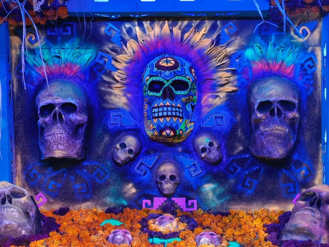 Day of the Dead display - Oaxaca - Mexico A display in complete with skills and orange marigolds