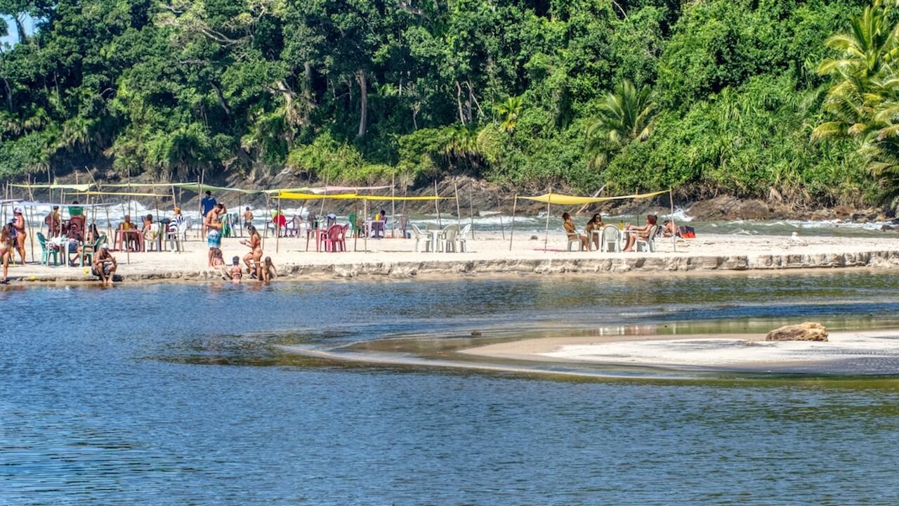 A lagoon circles around a spit of sand behind Jeribucacu Beach Bahia