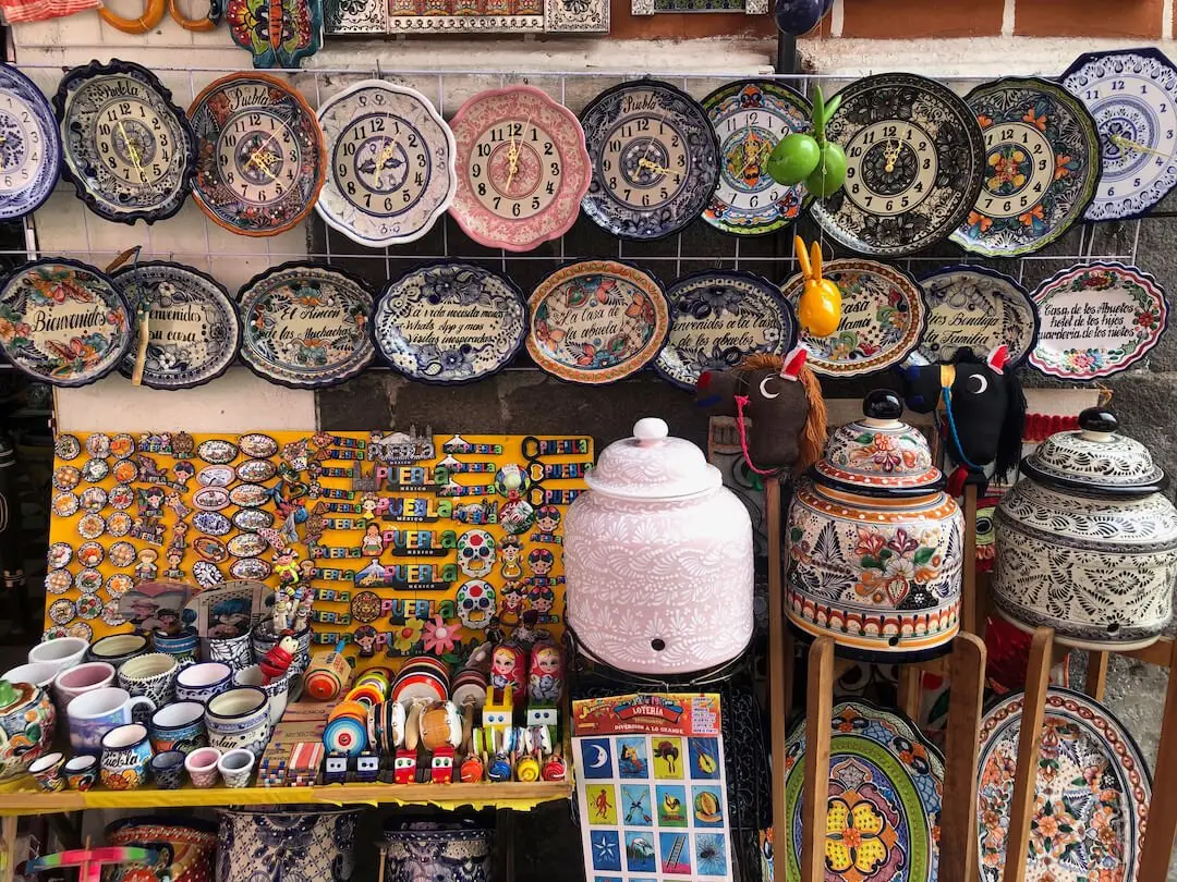 El Parian Puebla - Mexico Colourful ceramic pots, plates etc