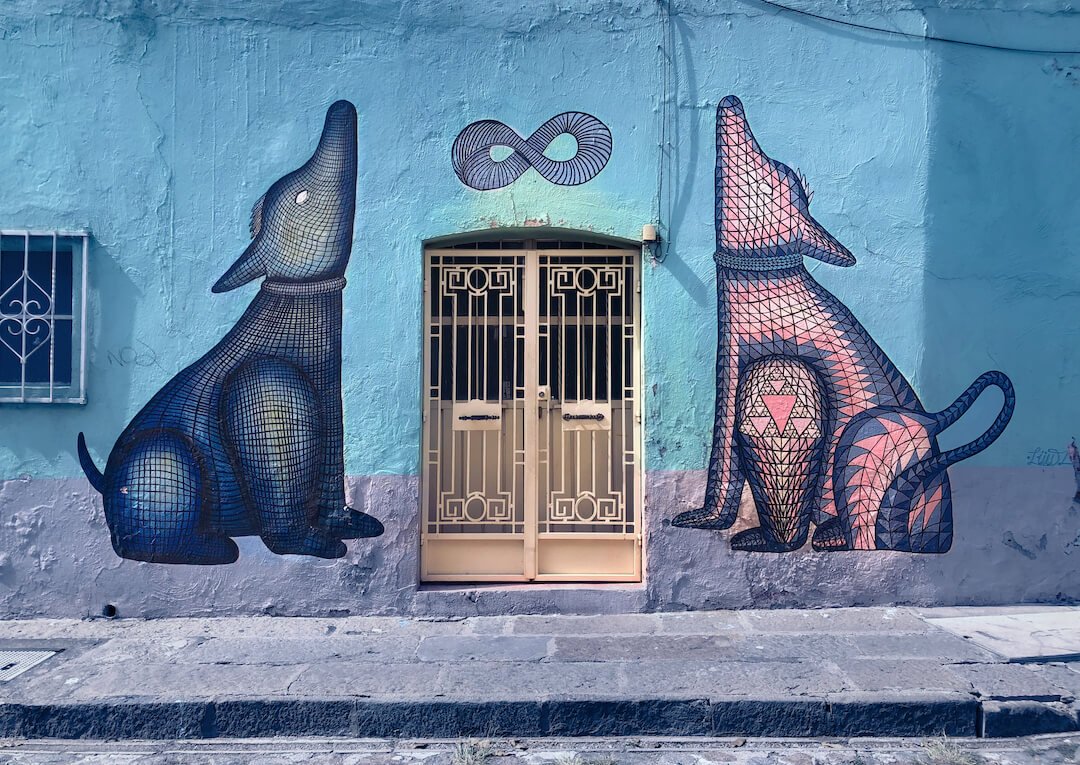 A doorway with two paintings of a Mexican hairless dog on either side - one in pink, the other in bluw
