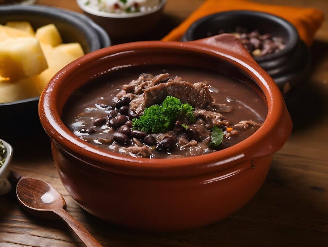 An earthenware bowl filled with meat, black beans and sauce