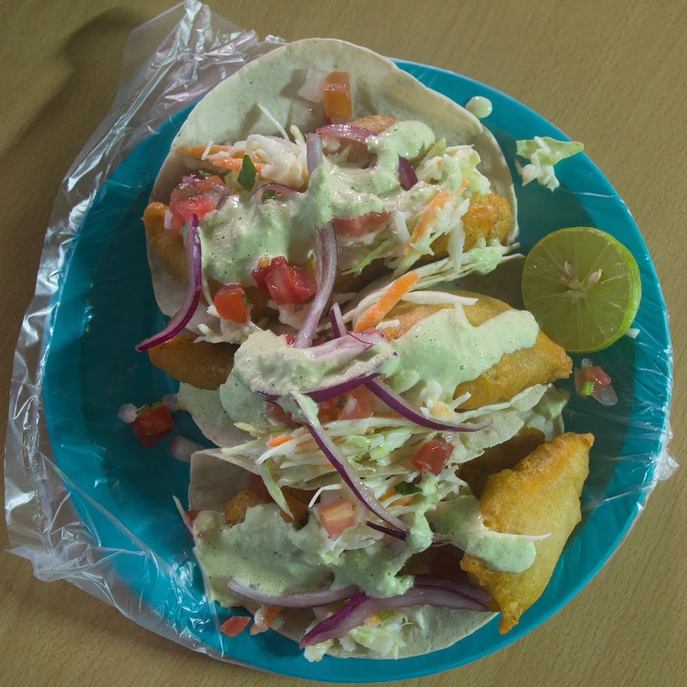 Fish tacos on a plastic plate