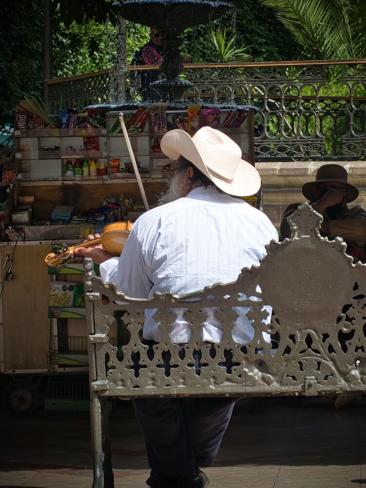 A man in a white cowboy hat, with his back to us, sits on a bench playing a violin