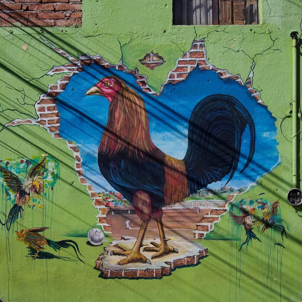 A painting of a cockerel inside a heart-shaped hole in a brick wall