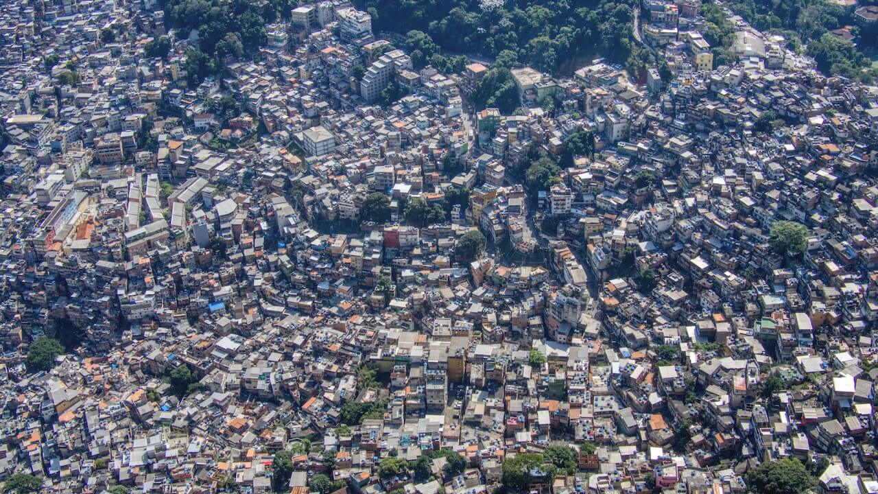 View from above of a favela crammed with buildings
