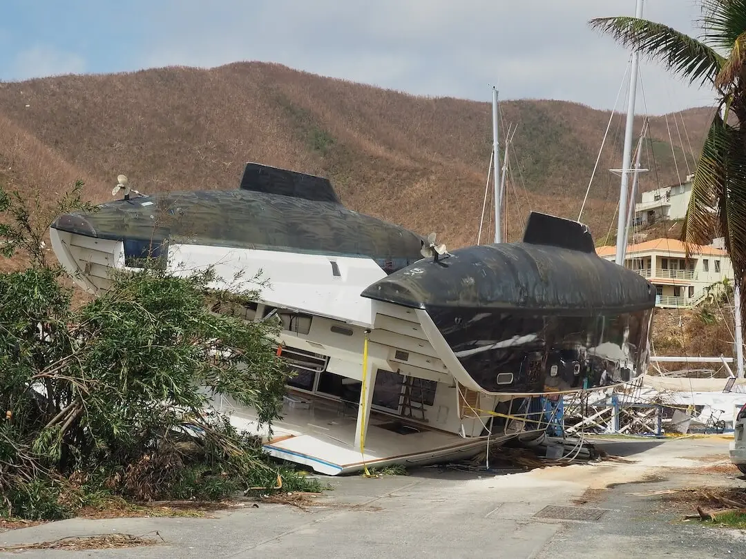 Hurricane Irma - Capsized Catamaran A catamaran is upside down on dry land