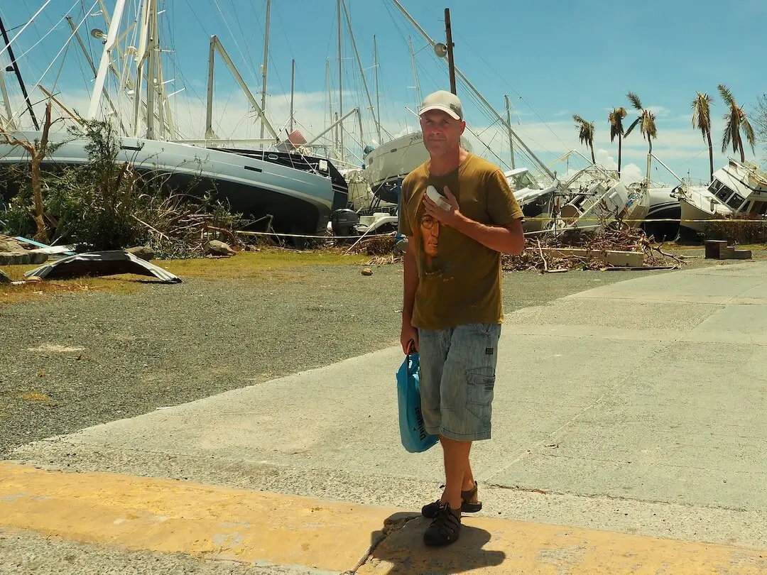 Hurricane Irma - Ian with bandaged finger Ian at Nanny Cay post-Hurricane Irma