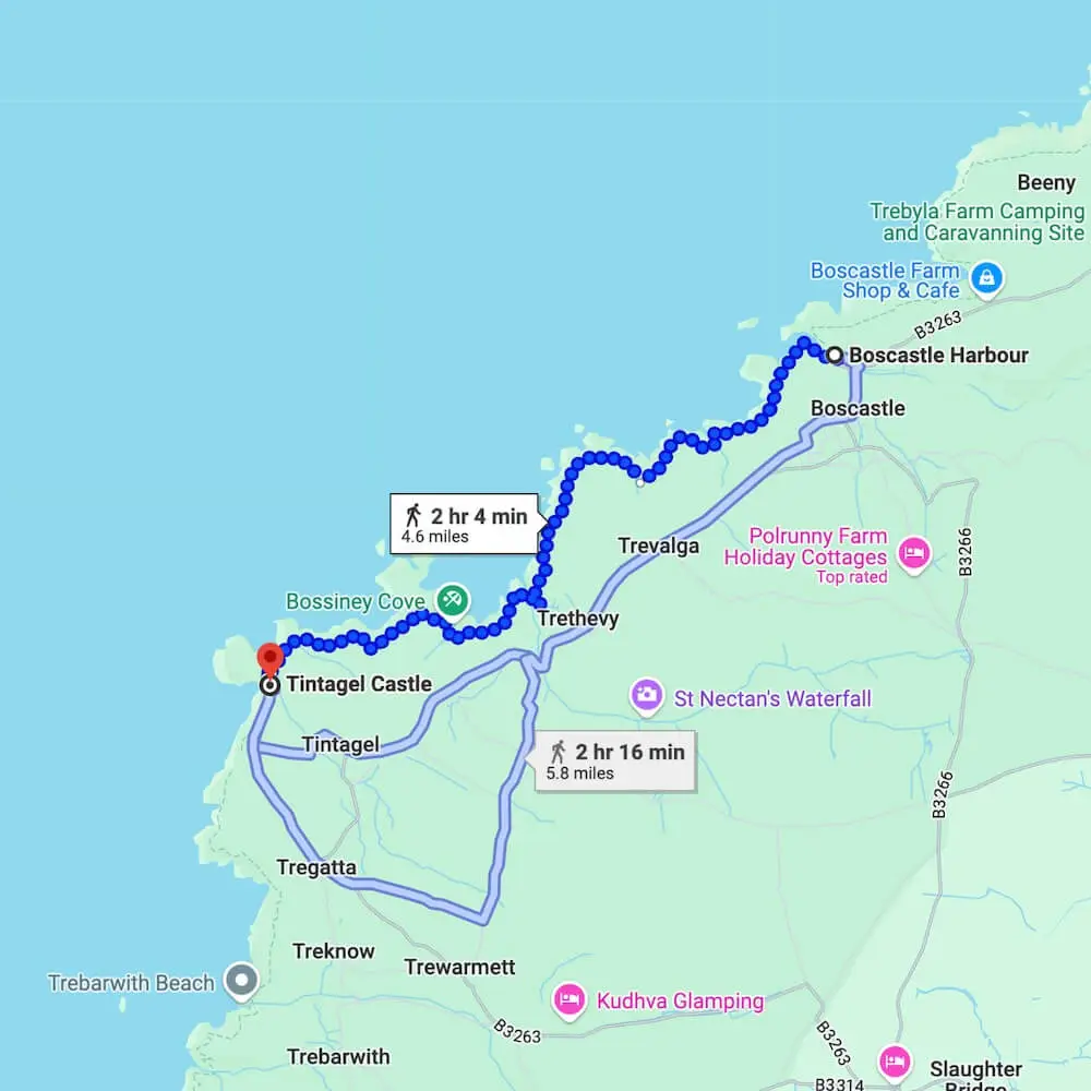South West Coast Path - Boscastle Harbour to Tintagel Castle Map showing the walking route from Boscastle Harbour to Tintagel Castle