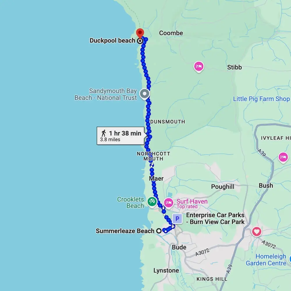 South West Coast Path - Bude to Duckpool Beach Map showing the walking route from Bude to Duckpool Beach