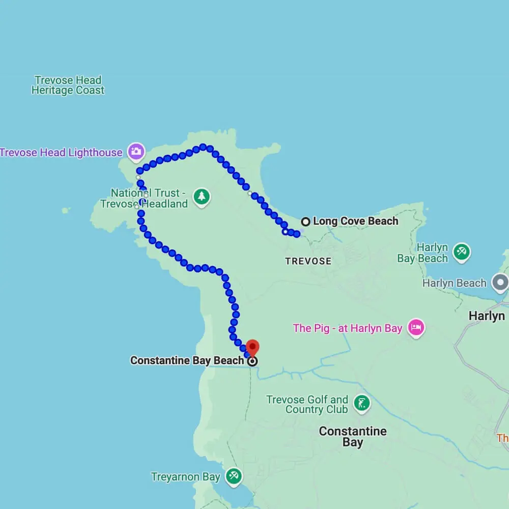 South West Coast Path - Constantine Bay Beach to Long Cove Beach Map showing the walking route from Constantine Bay Beach to Long Cove Beach
